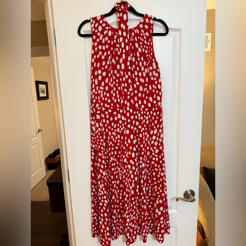 London Times Red and White Polka Dot Sleeveless Dress Size 12 with belt